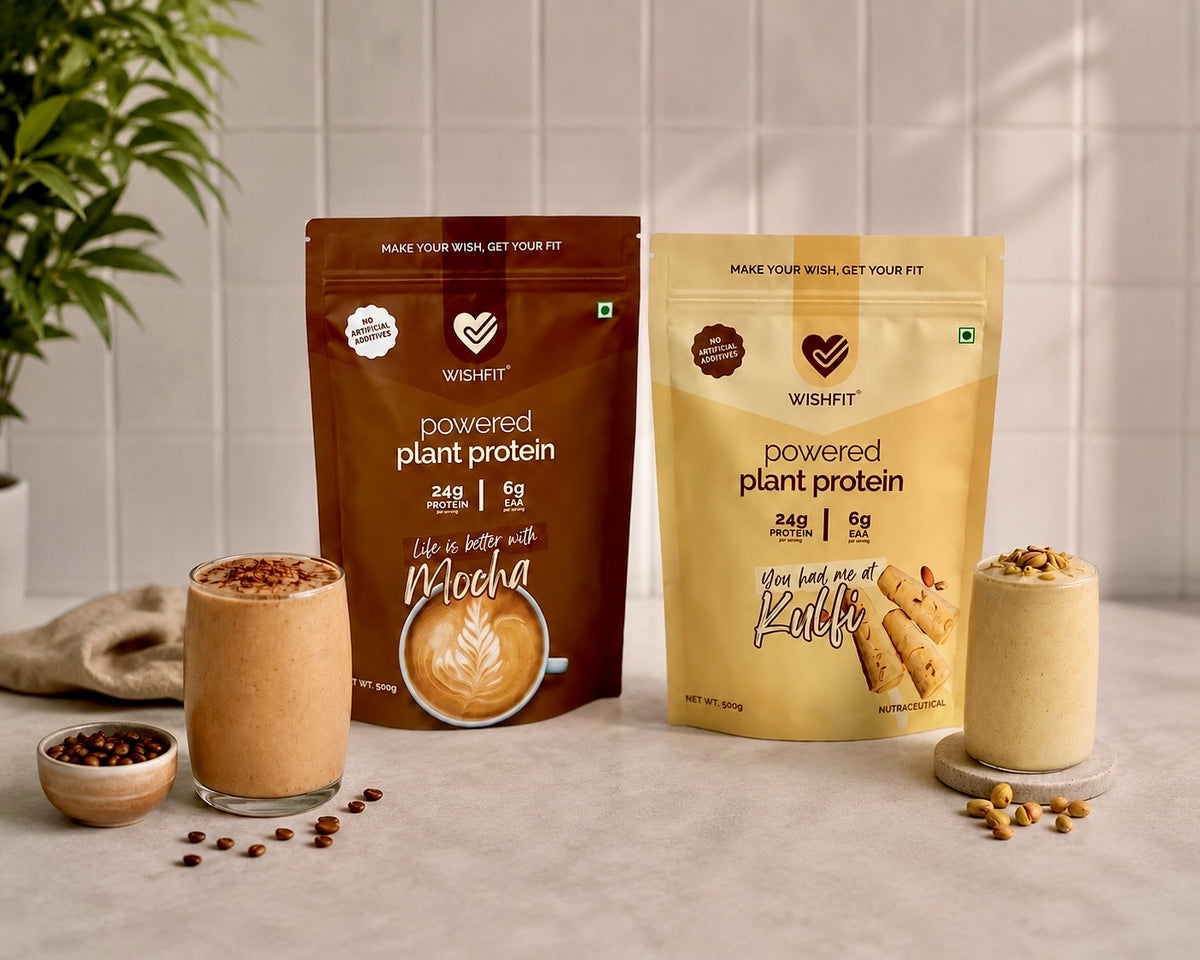 WishFit powered plant protein powder in Mocha and Kulfi flavors with protein shakes, high-protein vegan supplement for muscle recovery and daily nutrition.